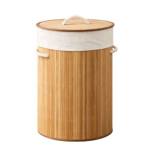 Cesto de Roupa Redondo em Bambu 48 L – Design Elegante e Fácil Transporte