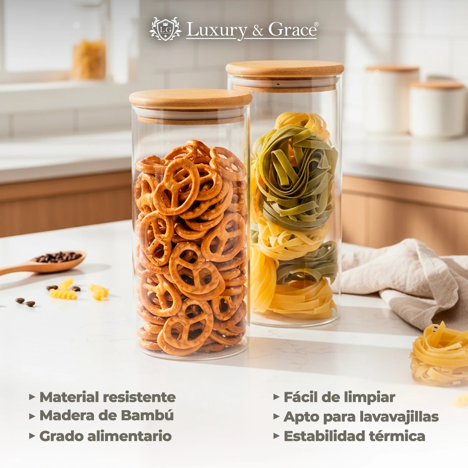 Frascos Herméticos em Vidro com Tampa de Bambu – Conjunto 2 x 1,9 L para Organização de Cozinha