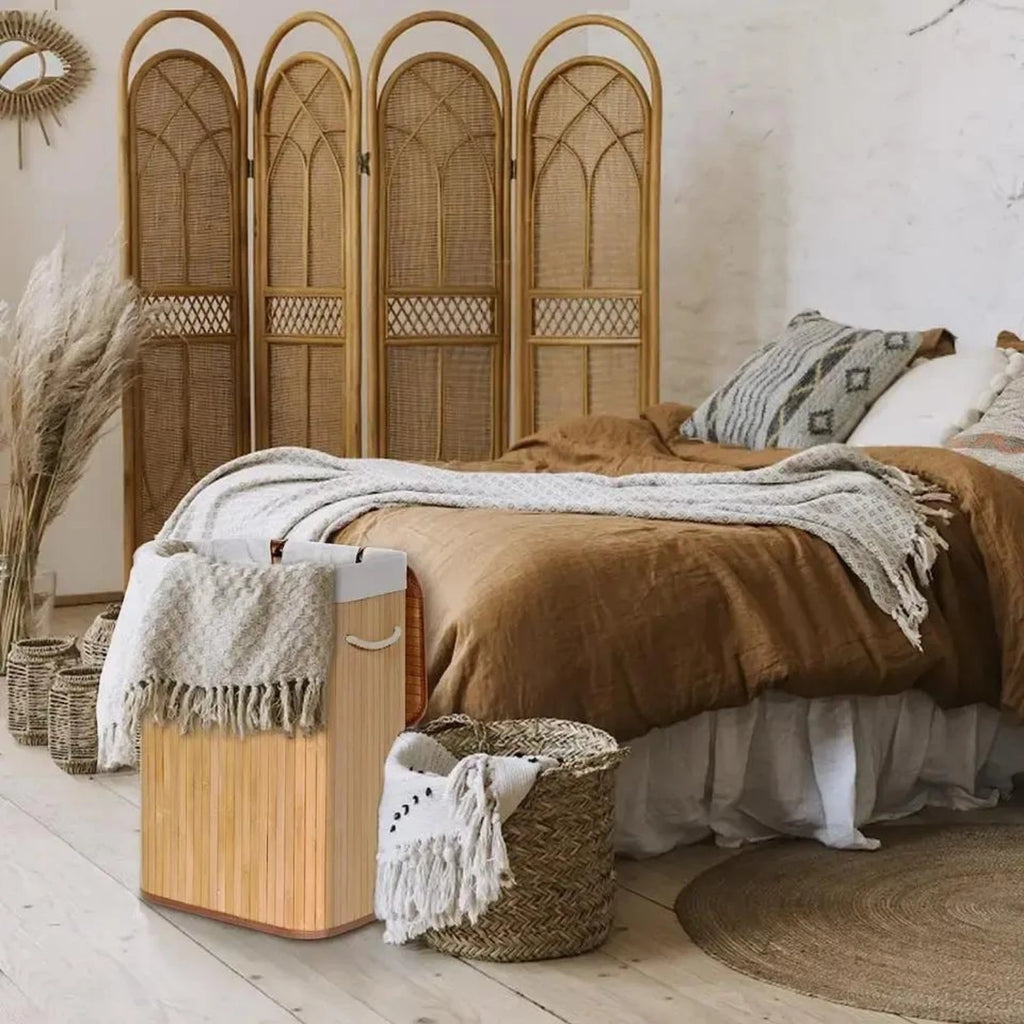 Cesto de Roupa Suja com Tampa em Bambu – 72 L | Alça de Corda Ergonómica e Saco Lavável