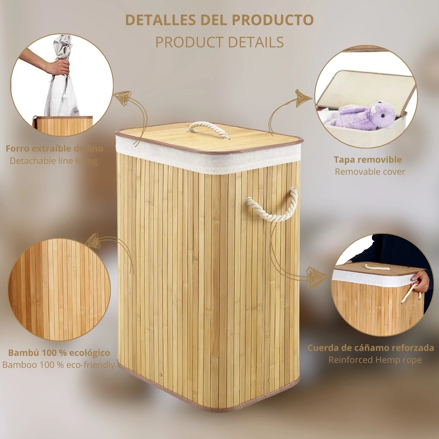 Cesto de Roupa Suja com Tampa em Bambu – 72 L | Alça de Corda Ergonómica e Saco Lavável