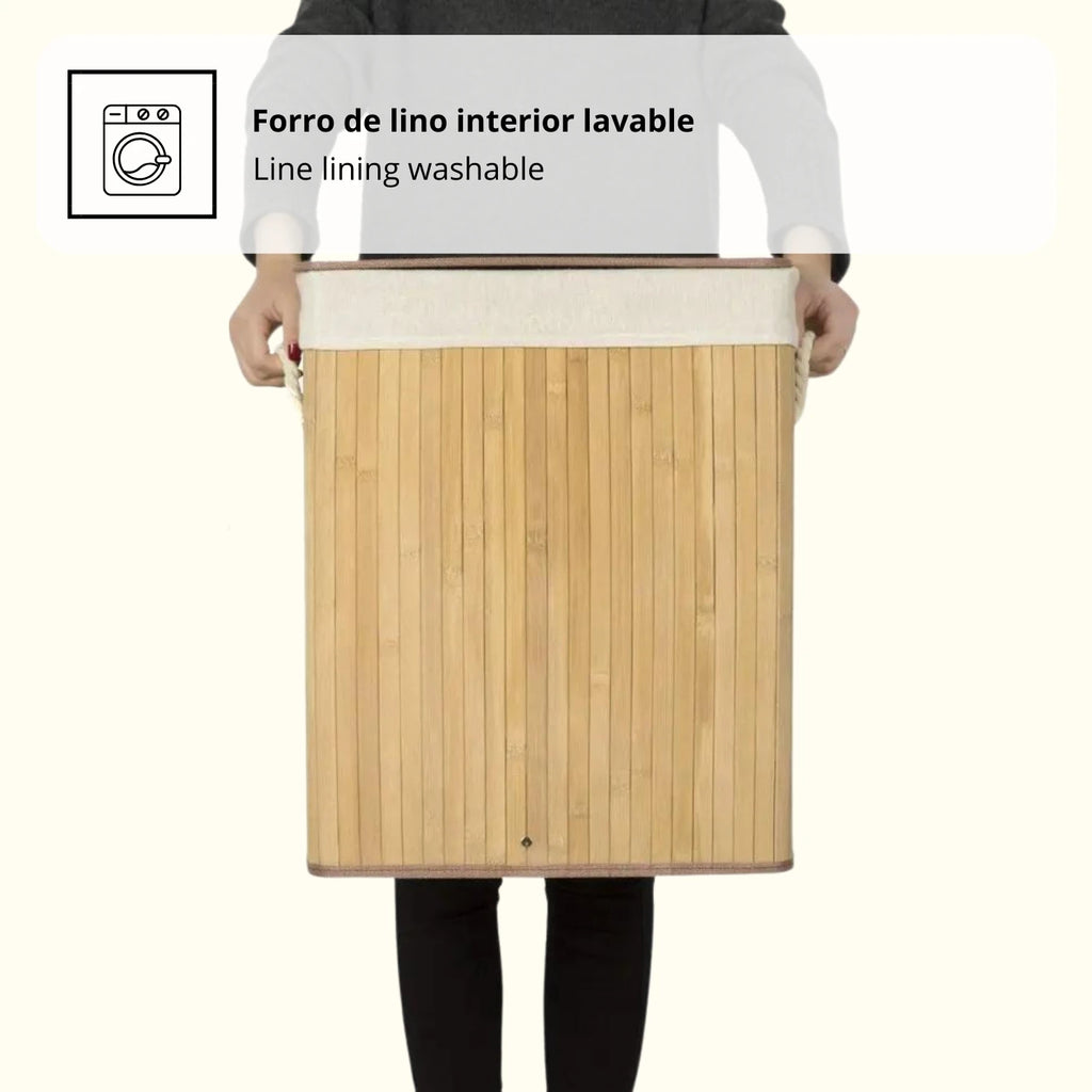 Cesto de Roupa Suja com Tampa em Bambu – 72 L | Alça de Corda Ergonómica e Saco Lavável