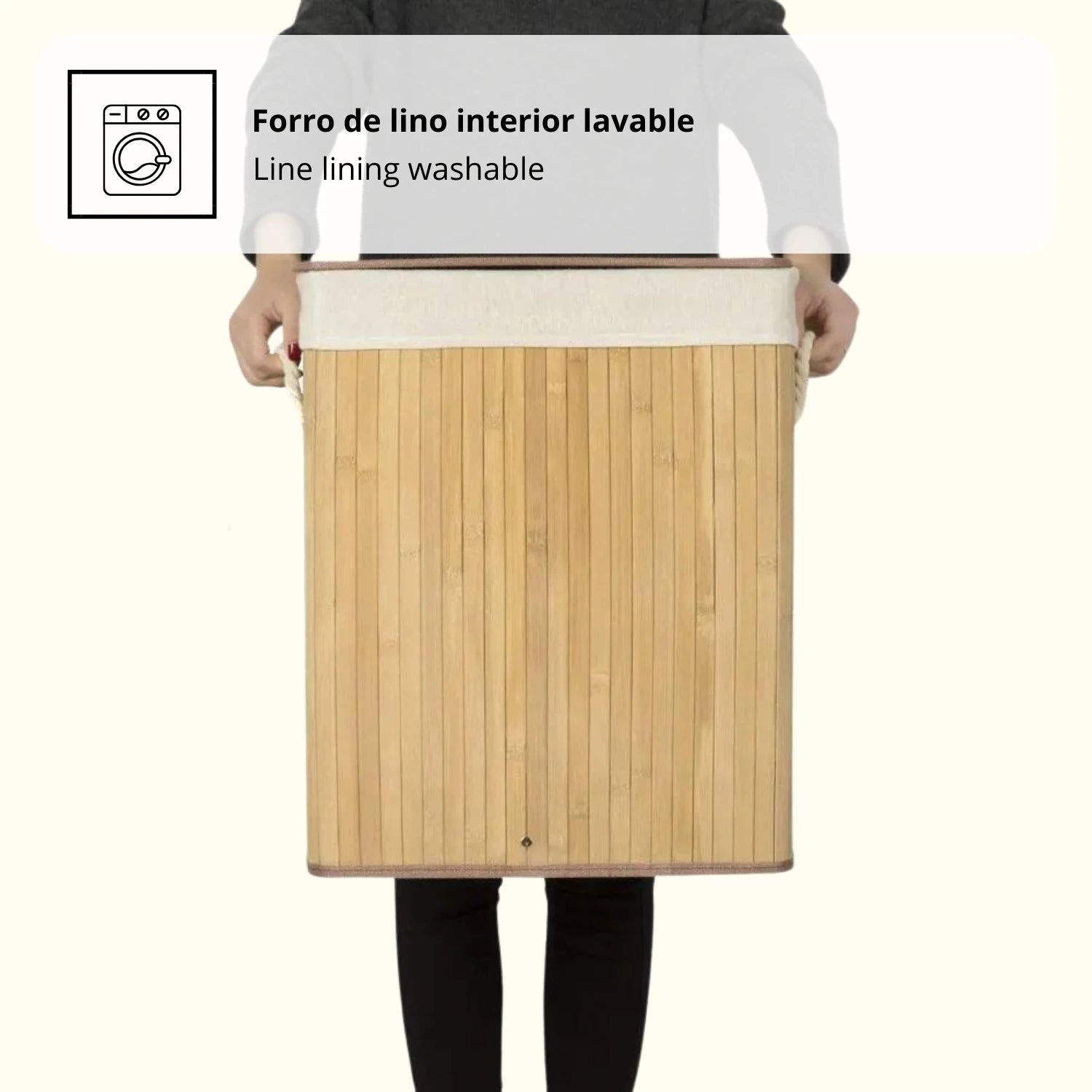 Cesto de Roupa Suja com Tampa em Bambu – 72 L | Alça de Corda Ergonómica e Saco Lavável