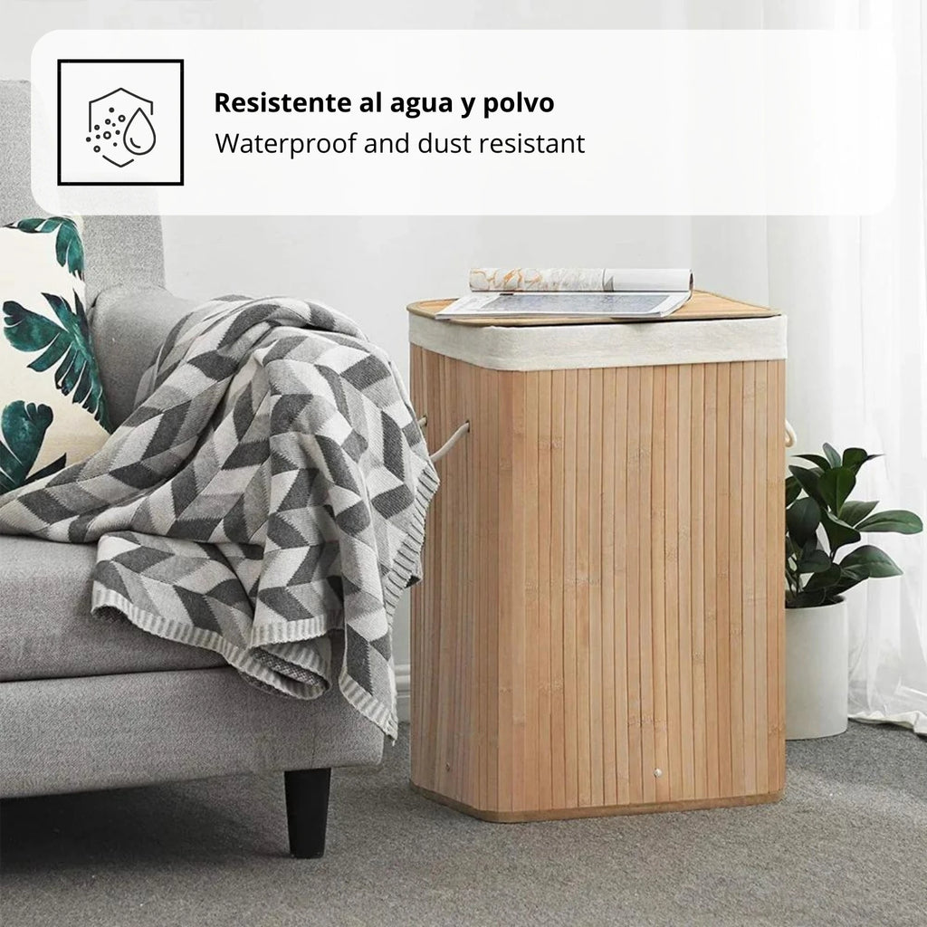 Cesto de Roupa Suja com Tampa em Bambu – 72 L | Alça de Corda Ergonómica e Saco Lavável