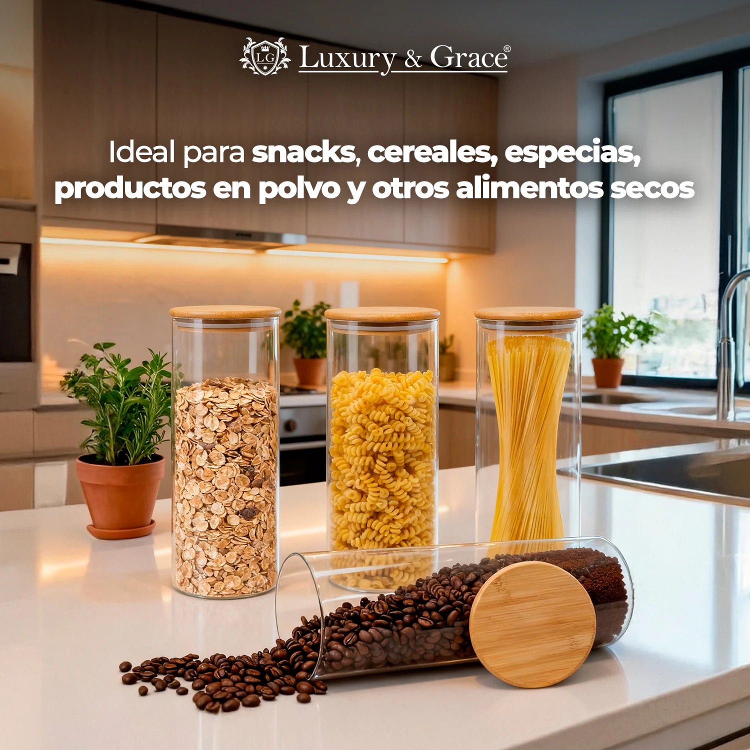 Frascos Herméticos em Vidro com Tampa de Bambu – Conjunto 2 x 1,9 L para Organização de Cozinha