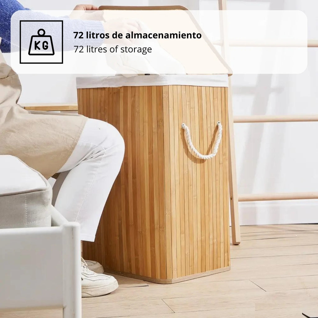 Cesto de Roupa Suja com Tampa em Bambu – 72 L | Alça de Corda Ergonómica e Saco Lavável