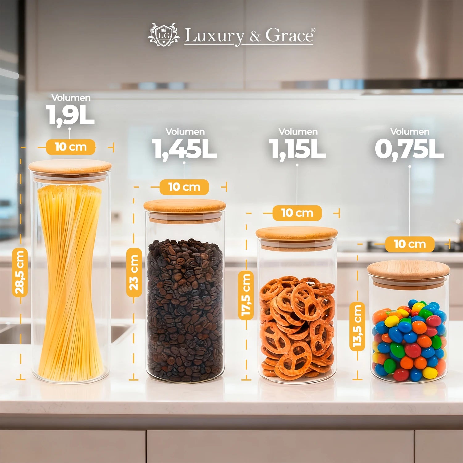 Conjunto de 4 Frascos de Vidro Herméticos com Tampa de Bambu – 0,75 L