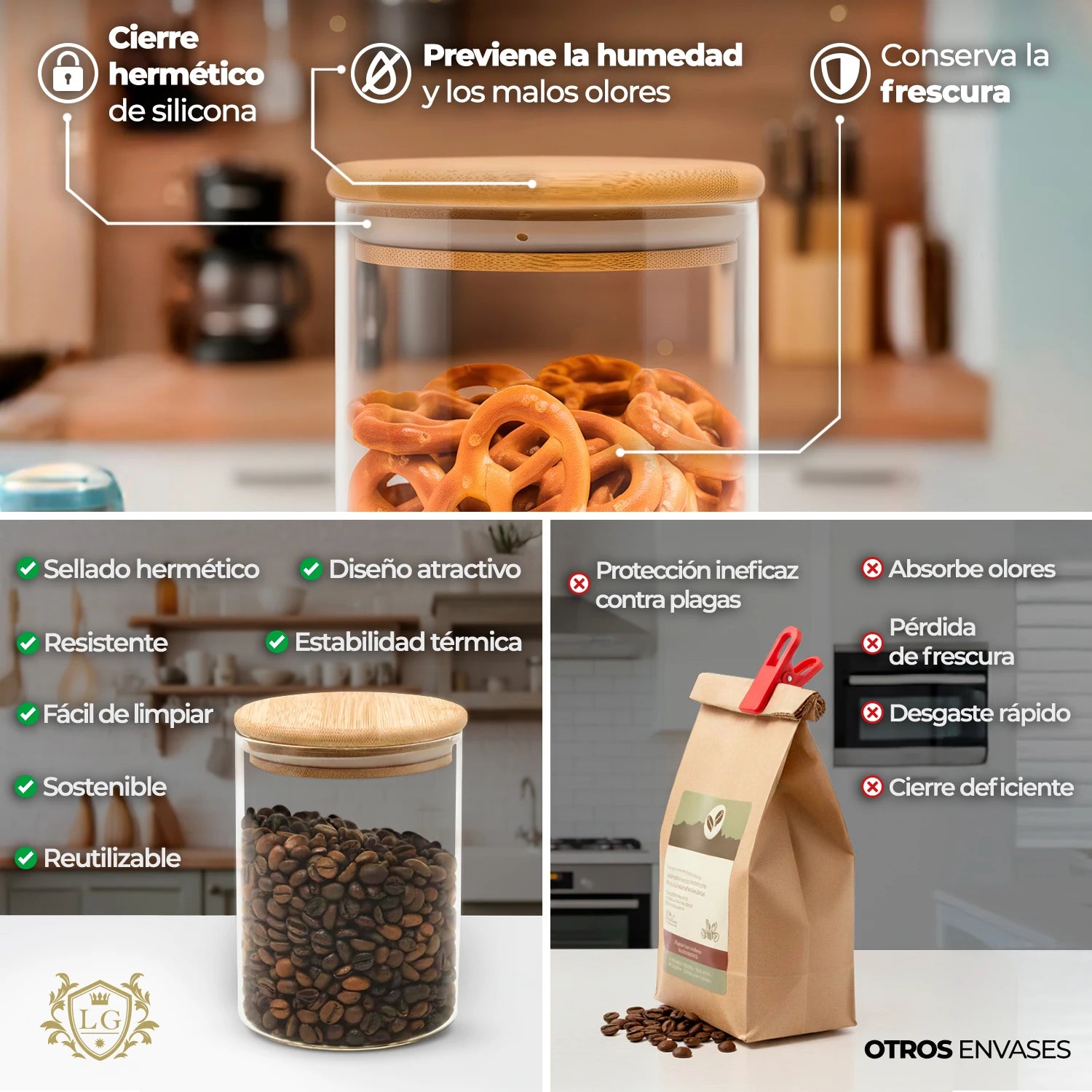 Conjunto de 4 Frascos de Vidro Herméticos com Tampa de Bambu – 0,75 L