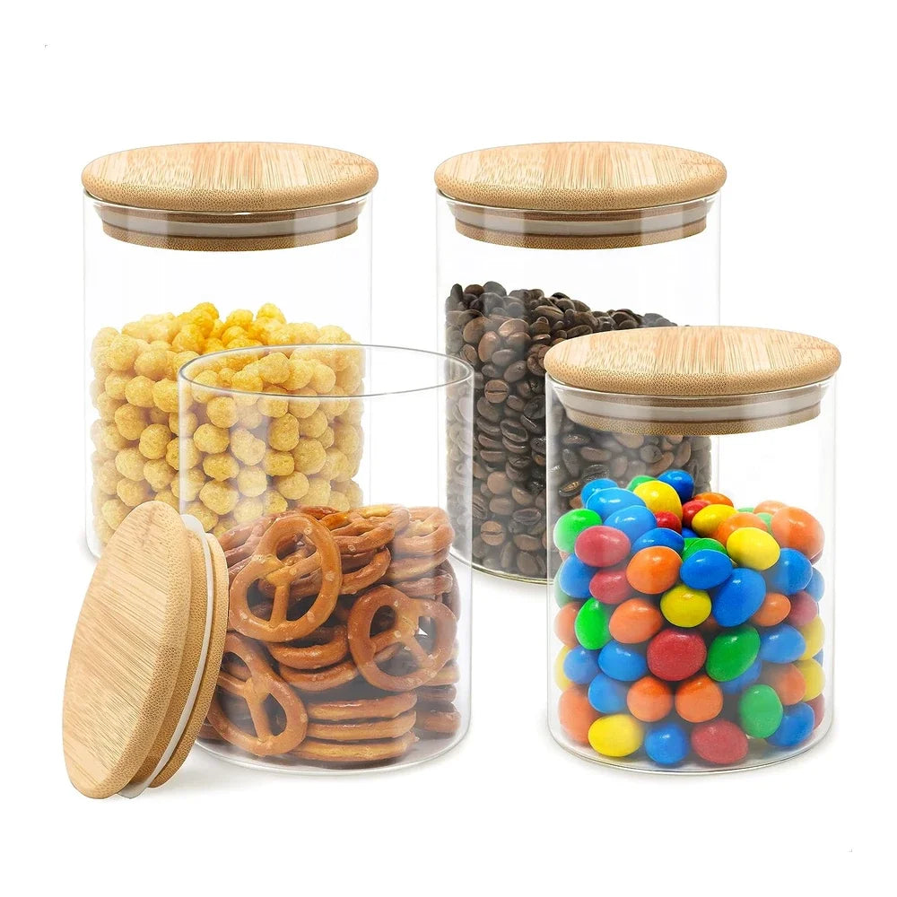 Conjunto de 4 Frascos de Vidro Herméticos com Tampa de Bambu – 0,75 L